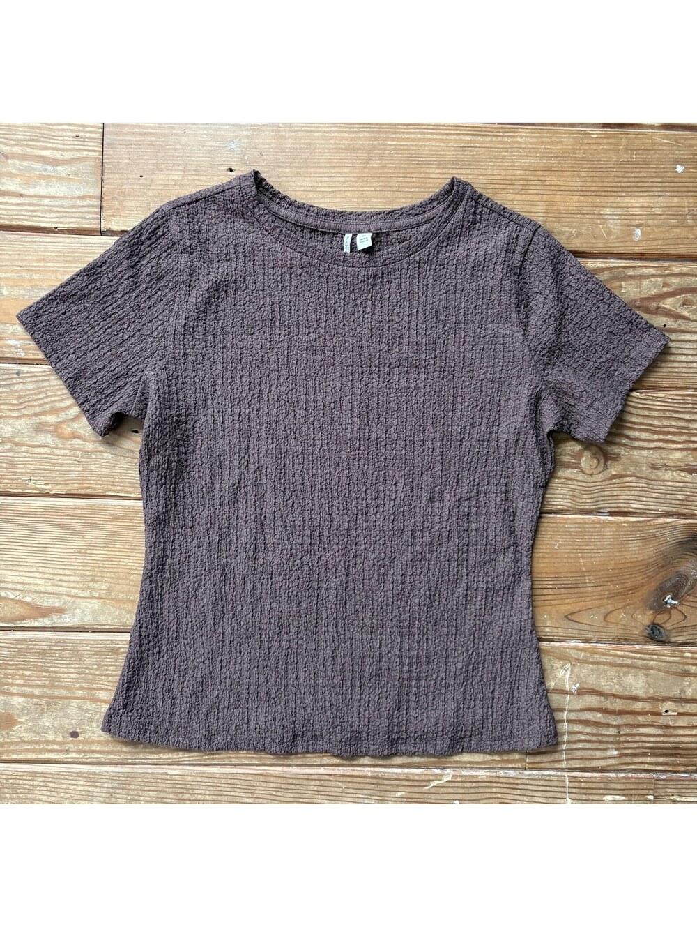 Nordstrom Textured Crinkle Knit Short Sleeve Crewneck Top Brown M